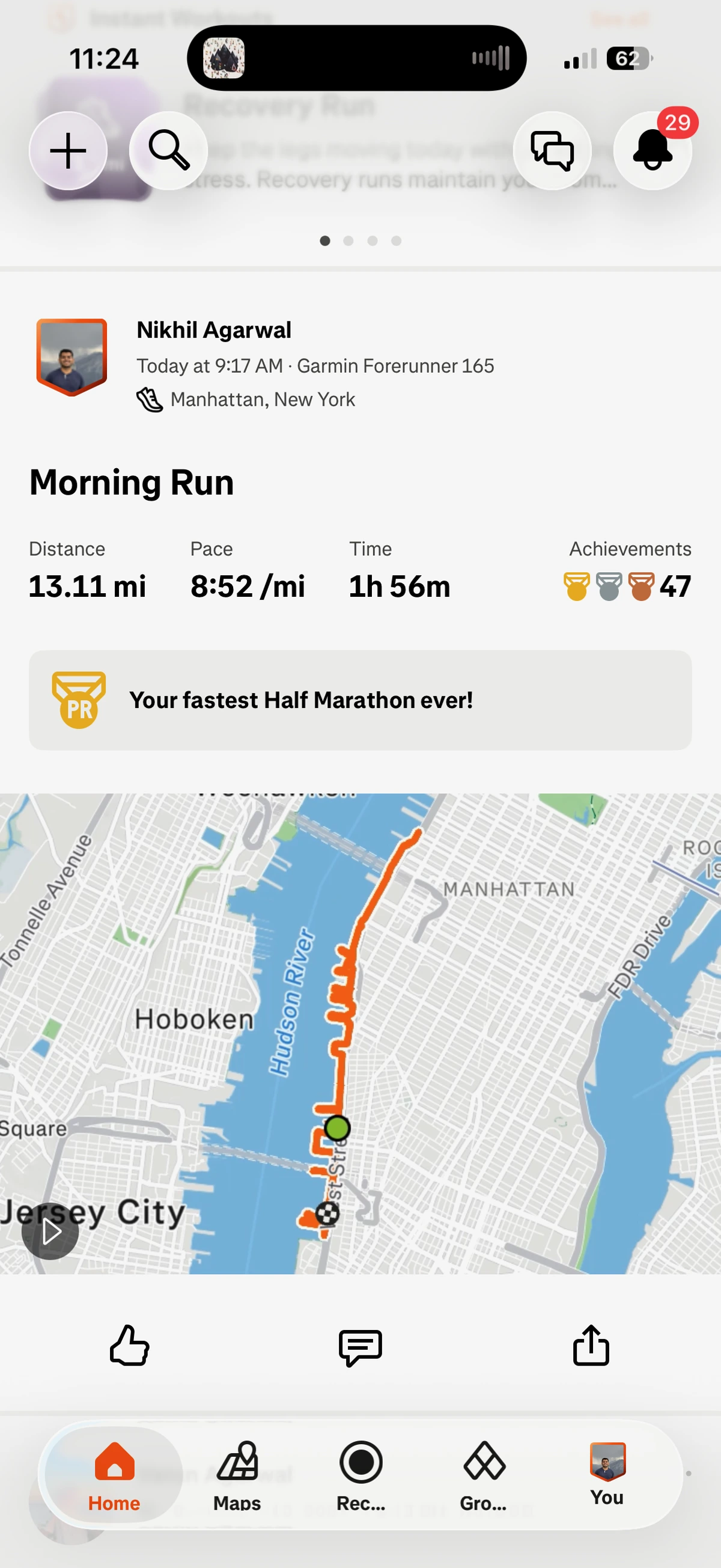 Strava screenshot of Morning Run: 13.11 mi, 8:52/mi, 1h 56m
